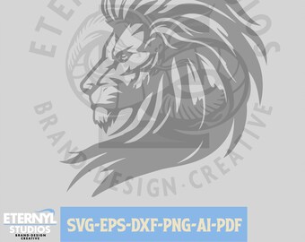 May include: A black and white illustration of a lion's head with a stylized mane. The lion's head is facing to the right. The image is surrounded by a circle with the text "ETERNYL STUDIOS BRAND-DESIGN CREATIVE" in a circular pattern.