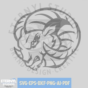 May include: A black and white vector illustration of a ram's head with large horns. The ram's head is facing the left side of the image. The image is in a circular shape with the text "ETERNYL STUDIOS BRAND DESIGN CREATIVE" around the outside of the circle.