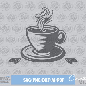 May include: A black and white illustration of a steaming cup of coffee on a saucer. The cup has a handle and a rounded shape. The saucer is round and has a slightly raised edge. The steam is depicted as a series of swirling lines.