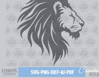 May include: A gray silhouette of a lion's head with a detailed mane. The lion's head is facing to the right, and the mane is flowing in the wind. The image is set against a light gray background.