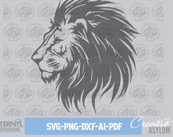 May include: A black and white silhouette of a lion's head with a detailed mane. The lion is facing to the left and has a serious expression. The image is set against a background of repeating patterns.