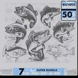 Largemouth Bass SVG PNG, Bundle, Bass, 7 Pack, Lake Bass, Instant Download, Fishing, Lake Fishing, Cut File, Vector, Vinyl, CNC, Plasma