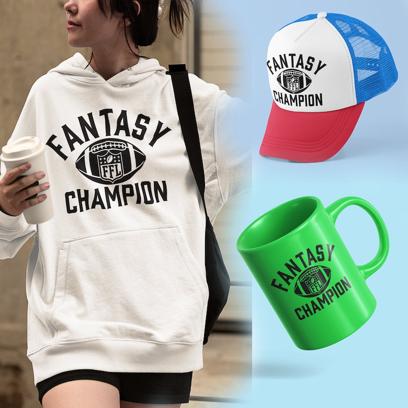May include: White hoodie with black text that says "Fantasy Champion" and a football graphic. A green mug with the same text and graphic. A red and blue trucker hat with the same text.