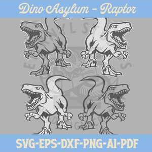May include: A gray graphic featuring four stylized raptor dinosaur illustrations with open mouths and sharp teeth. The text "Dino Asylum - Raptor" is at the top, and "SVG-EPS-DXF-PNG-AI-PDF" is at the bottom.