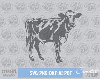 May include: A grayscale illustration of a cow with a spotted pattern. The cow is standing, facing right, with a detailed outline. Text at the bottom reads "SVG-PNG-DXF-AI-PDF Creative Asylum". The background has a repeating pattern of a logo.
