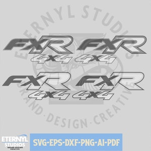 May include: Four sets of grey and white "FXR 4x4" logo decals. The "FXR" text is in a bold, stylised font, with a shadow effect. The "4x4" text is in a simple sans-serif font. The image also includes the text "SVG-EPS-DXF-PNG-AI-PDF".