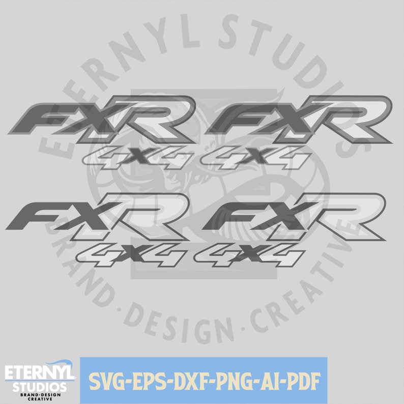 May include: Four sets of grey and white "FXR 4x4" logo decals. The "FXR" text is in a bold, stylised font, with a shadow effect. The "4x4" text is in a simple sans-serif font. The image also includes the text "SVG-EPS-DXF-PNG-AI-PDF".