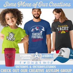 May include: Image featuring a range of clothing and accessories. Includes a lime green t-shirt with a dragon design, a blue t-shirt with "Fantasy Football Champions", a black t-shirt with "Powered by Tacos", a red travel mug, and a blue and white trucker hat.