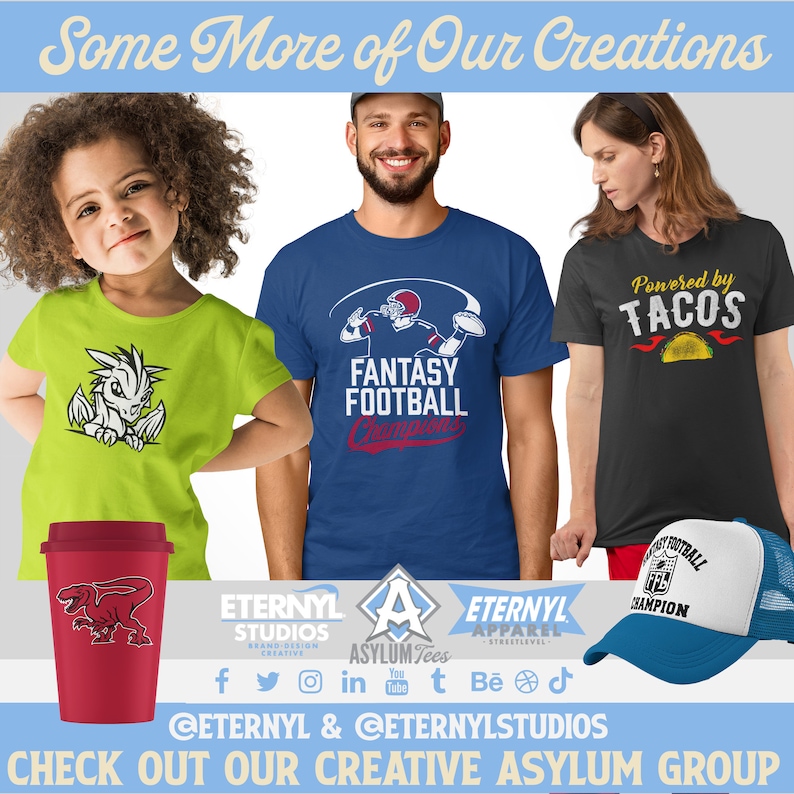 May include: Image featuring a range of clothing and accessories. Includes a lime green t-shirt with a dragon design, a blue t-shirt with "Fantasy Football Champions", a black t-shirt with "Powered by Tacos", a red travel mug, and a blue and white trucker hat.