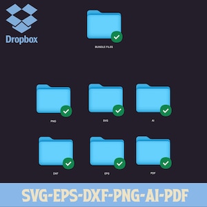 May include: A digital graphic design bundle featuring light blue file folders with green checkmarks. The folders are labelled "BUNDLE FILES", "PNG", "SVG", "AI", "DXF", "EPS", and "PDF". The Dropbox logo is in the upper left corner, and the file types are listed at the bottom.