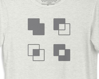 May include: A heather grey t-shirt with a geometric design of four overlapping squares in grey. The design is centered on the shirt.