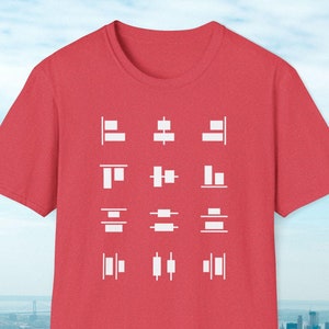 May include: A red t-shirt with a white graphic of various candlestick patterns used in technical analysis of financial markets.
