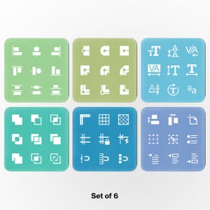 May include: Set of six square coasters in shades of green, teal, and blue. Each coaster features a different set of white icons, including shapes, lines, and symbols. The text "Set of 6" is at the bottom.