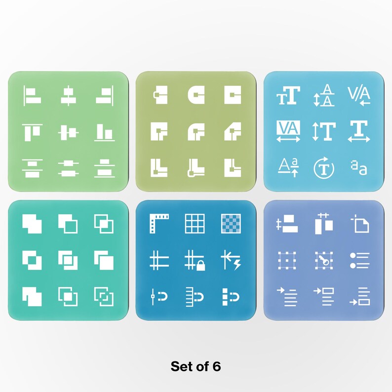 May include: Set of six square coasters in shades of green, teal, and blue. Each coaster features a different set of white icons, including shapes, lines, and symbols. The text "Set of 6" is at the bottom.