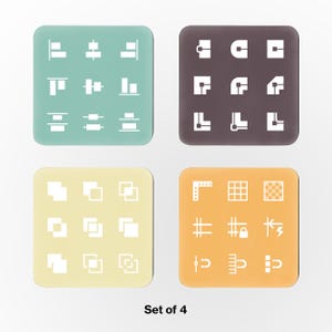 May include: Set of four square-shaped graphic design elements in various colors. Each square features a different set of white icons, including geometric shapes, lines, and symbols. The text "Set of 4" is at the bottom.