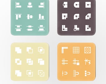 May include: Set of four square-shaped graphic design elements in various colors. Each square features a different set of white icons, including geometric shapes, lines, and symbols. The text "Set of 4" is at the bottom.