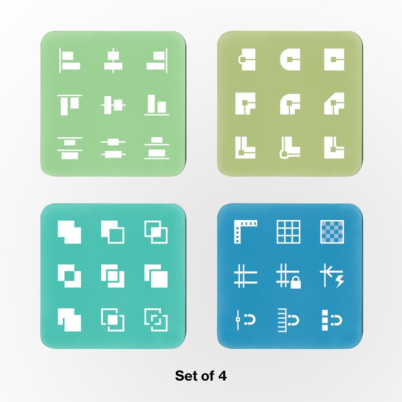May include: Four square, rounded-corner graphics, each with a different set of white icons. The icons appear to be related to design or technical drawings. The text "Set of 4" is at the bottom.