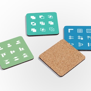 May include: A selection of square coasters with different designs. Three coasters have coloured backgrounds: teal, green, and blue. Each coaster features white graphic icons. A fourth coaster is made of cork. The coasters are arranged on a white surface.