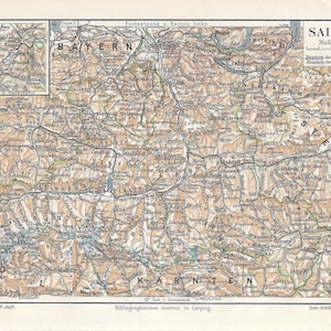 Salzburg | Poster Lithograph 1907 Antique | Colors Maps Map City Map