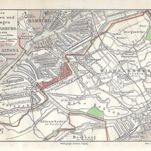 Port of Hamburg Harburg | Poster Lithograph 1907 Antique | Color Maps Map City Map