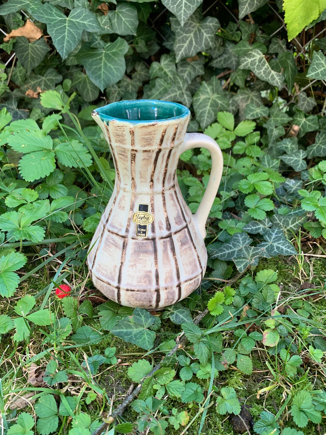 Jasba Ceramics Pitcher Vase Handle Jug Beautiful Pattern Etsy