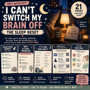 Op de afbeelding: Een printbare gids van 21 pagina's getiteld I Can't Switch My Brain Off: The Sleep Reset. Het donkerblauwe en crèmekleurige document bevat secties over ademhalingstechnieken, geleide meditaties en slaapgewoonten, inclusief een 4-7-8 ademhalingsschema.