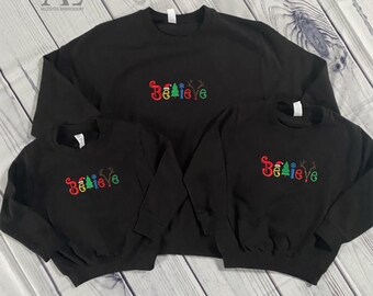 Embroidered Believe Black Christmas Sweatshirt