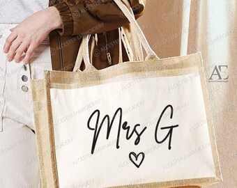 Personalised Jute Bag with Front Pocket | Name | Teacher | Tote Bag | Beach Bag | Bridesmaid | Gift Bag | Mrs | Bride | Mum | Shopper