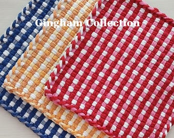 All Cotton Handwoven Gingham Pot Holders/Trivets – SET OF TWO - Stylish, Functional Kitchen - Hostess, Housewarming Gift