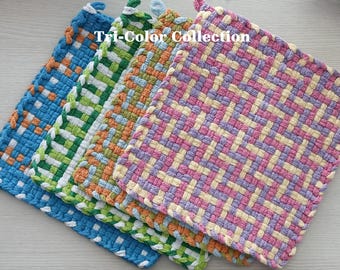 All Cotton Handwoven Pot Holders/Trivets – SET OF TWO - Stylish, Functional Kitchen - Hostess, Housewarming Gift - Gift Packaging
