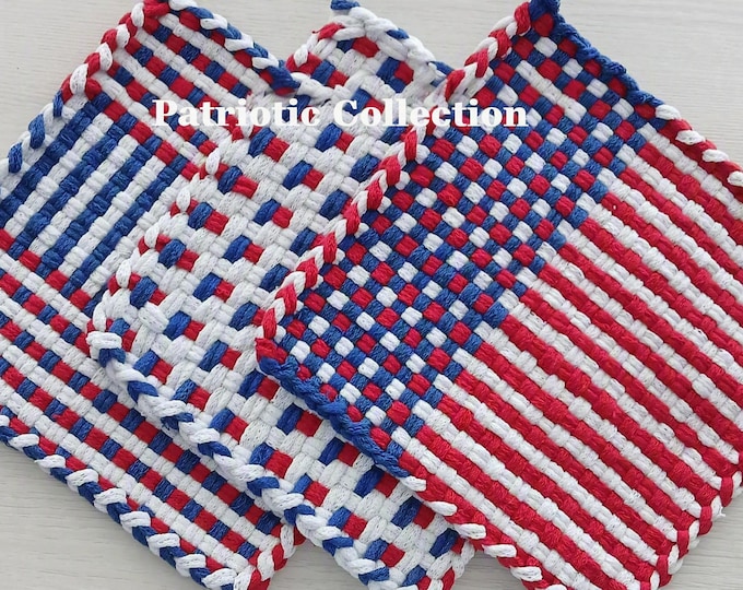 Handwoven Cotton Patriotic Pot Holders/Trivets (Set of Two) – Holiday, Hostess, Housewarming - Gift Packaging -Crocheted Edges