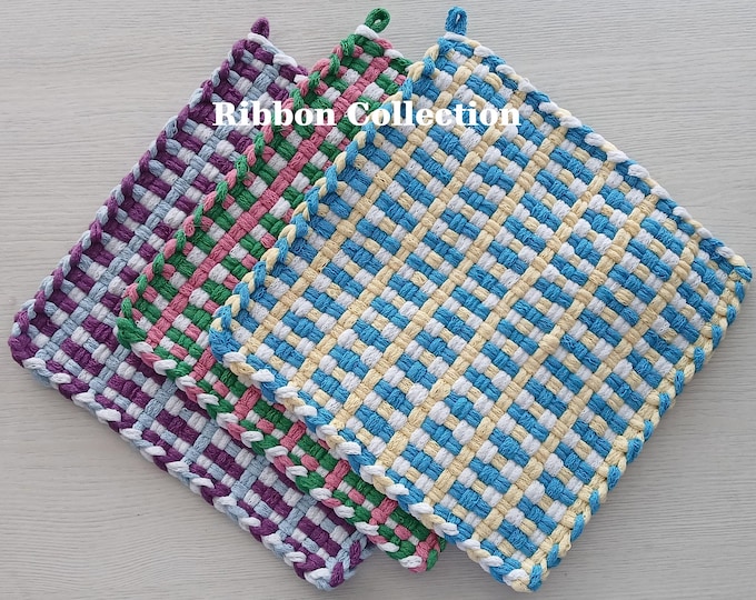 All Cotton Handwoven Pot Holders/Trivets – SET OF TWO - Stylish, Functional Kitchen - Hostess, Housewarming Gift - Gift Packaging