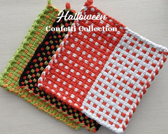 Halloween - TWO Handwoven All-Cotton Pot Holders/Trivets - Stylish, Functional Kitchen Accessory - Hostess, Housewarming, Birthday Gift