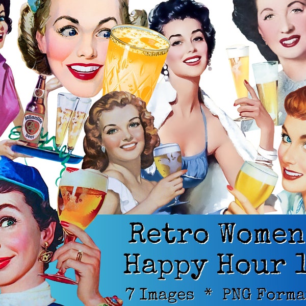 Ensemble de clipart femmes rétro, personnes coupées difficiles, femmes des années 50, femme vintage, téléchargement numérique du milieu du siècle, happy hour, éléments de collage