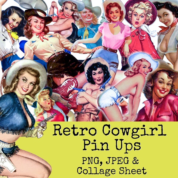 Retro Cowgirl Clipart and Collage Sheet | Pin Up PNG | Fussy Cut People | Ephemera Download | 50s Image | Junk Journal | Digital Scrapbook