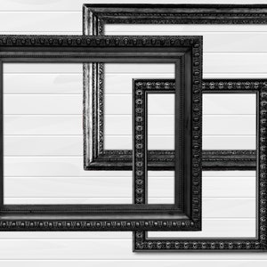 May include: Three black picture frames of different sizes, with ornate detailing, are arranged on a white wood panel background.