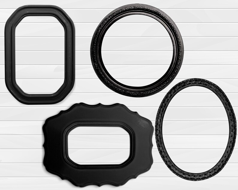 May include: Four black picture frames of different shapes and sizes against a white wood background. The frames are all ornate and have a vintage look.