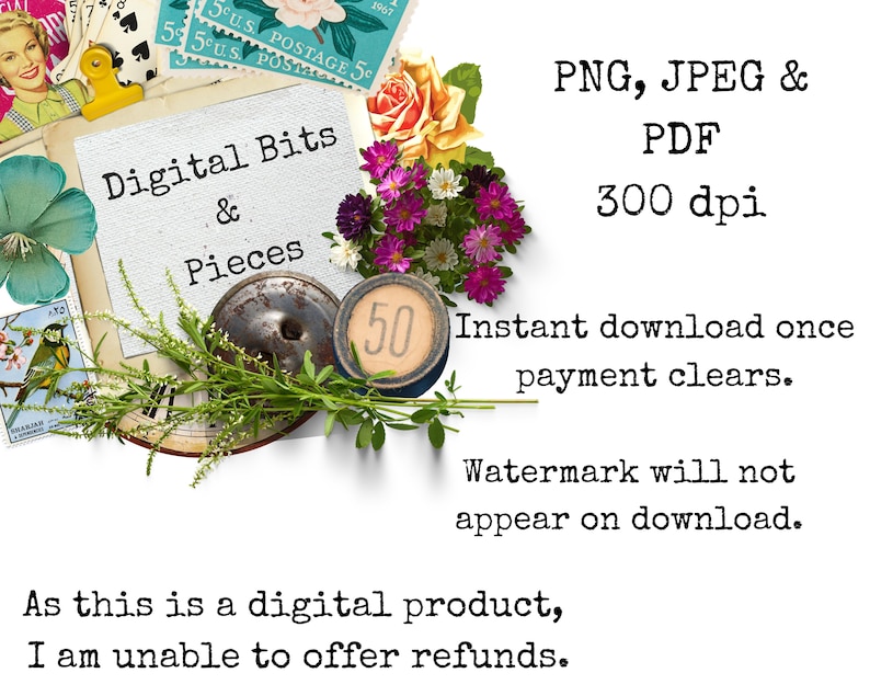 K&ouml;nnte beinhalten: Eine digitale Collage aus Bildern mit dem Text "Digital Bits & Pieces" und "50 Sofortiger Download nach Zahlungseingang. Das Wasserzeichen wird beim Download nicht angezeigt. Da es sich um ein digitales Produkt handelt, kann ich keine R&uuml;ckerstattung anbieten."