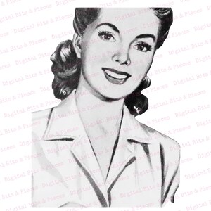 May include: Black and white illustration of a woman with short, wavy hair. She is wearing a collared shirt and smiling.