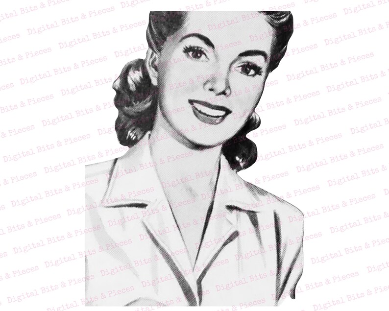May include: Black and white illustration of a woman with short, wavy hair. She is wearing a collared shirt and smiling.