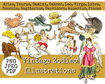 Zodiac Clip Art, Vintage Horoscope, Astrology Map Pictures, Horoscope Clipart, Printable Star Sign, Digital Scrapbook Ephemera, Instant