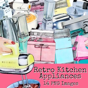 Clipart di elettrodomestici da cucina retrò, PNG tagliati pignoli per diari spazzatura, Scrapbooking, lavorazione della carta. Ephemera digitale, 1950 Atomic Age