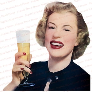 May include: A woman with blonde hair and red lipstick is holding a glass of beer. She is wearing a dark blue dress with a white collar.
