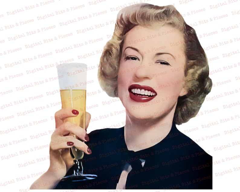 May include: A woman with blonde hair and red lipstick is holding a glass of beer. She is wearing a dark blue dress with a white collar.