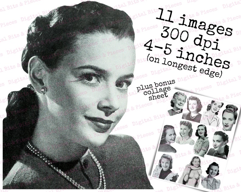 May include: A black and white digital collage sheet with 11 images of women's faces. The images are 4-5 inches in size and 300 dpi. There is a bonus collage sheet included.