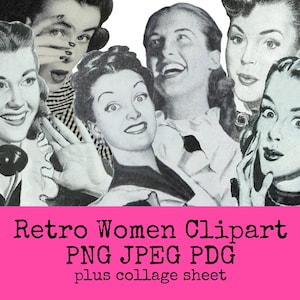 Retro Women Clip Art and Collage Sheet | Vintage Housewife PNG Bundle | Black and White Images | Fussy Cut People | Sublimation PNG Files