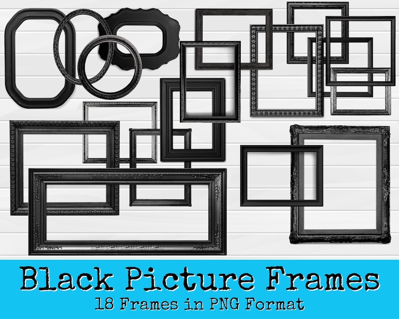 May include: A set of 18 black picture frames in various sizes and styles. The frames are arranged on a white wood background. Black Picture Frames 18 Frames in PNG Format.