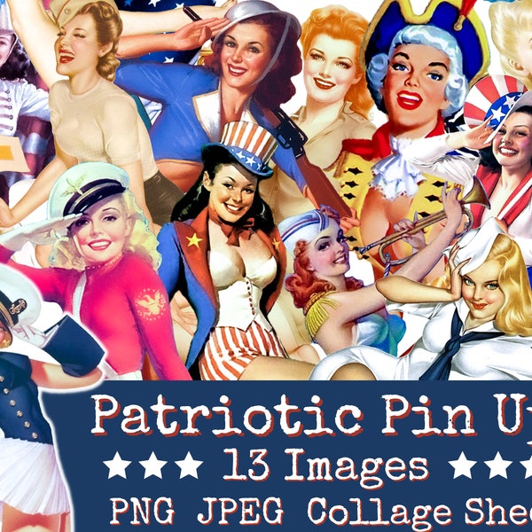 Retro Pin Up Clipart and Collage Sheet | Patriotic Pin Up PNG | Fussy Cut People | Ephemera Download | 50s Image | Digital Scrapbook