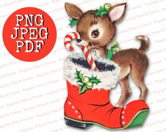 May include: A cartoon deer wearing a green holly wreath and a green collar, holding a candy cane in its mouth, standing inside a red boot with white fur trim and white stars. The boot is decorated with green holly and gold bells.