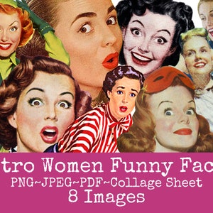 Retro Frauen Clipart, lustige Gesichter, Vintage Hausfrau, Mid Century Werbung, fussy geschnittene Menschen, Collage Sheet, Old Fashion 1950, Retro PNG